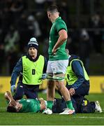 29 June 2022; James Hume of Ireland receives medical attention for an injury during the match between the Maori All Blacks and Ireland at the FMG Stadium in Hamilton, New Zealand. Photo by Brendan Moran/Sportsfile