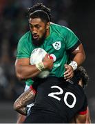 29 June 2022; Bundee Aki of Ireland is tackled by TK Howden of Maori All Blacks during the match between the Maori All Blacks and Ireland at the FMG Stadium in Hamilton, New Zealand. Photo by Brendan Moran/Sportsfile