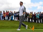 29 June 2022; Former Republic of Ireland footballer Robbie Keane celebrates a drive on the first tee during the Horizon Irish Open Golf Championship Pro-Am at Mount Juliet Golf Club in Thomastown, Kilkenny. Photo by Eóin Noonan/Sportsfile