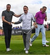 29 June 2022; Former Republic of Ireland footballers John O'Shea, left, and Robbie Keane alongside actor Jimmy Nesbitt during the Horizon Irish Open Golf Championship Pro-Am at Mount Juliet Golf Club in Thomastown, Kilkenny. Photo by Eóin Noonan/Sportsfile