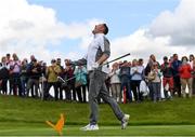 29 June 2022; Former Republic of Ireland footballer Robbie Keane celebrates a drive on the first tee during the Horizon Irish Open Golf Championship Pro-Am at Mount Juliet Golf Club in Thomastown, Kilkenny. Photo by Eóin Noonan/Sportsfile