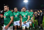 29 June 2022; Ireland players, from left, Niall Scannell, Finlay Bealham and Jack Conan leave the pitch after the match between the Maori All Blacks and Ireland at the FMG Stadium in Hamilton, New Zealand. Photo by Brendan Moran/Sportsfile