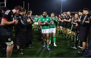 29 June 2022; Ireland captain Bundee Aki leads his side from the pitch as they are applauded by the Maori All Blacks after the match between the Maori All Blacks and Ireland at the FMG Stadium in Hamilton, New Zealand. Photo by Brendan Moran/Sportsfile