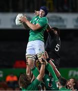 29 June 2022; Ryan Baird of Ireland wins a lineout from Isaia Walker-Leawere of Maori All Blacks during the match between the Maori All Blacks and Ireland at the FMG Stadium in Hamilton, New Zealand. Photo by Brendan Moran/Sportsfile