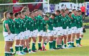 29 June 2022; Ireland players stand for the national anthem before the Six Nations U20 summer series match between Ireland and South Africa at Payanini Centre in Verona, Italy. Photo by Roberto Bregani/Sportsfile