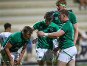 29 June 2022; Reuben Crothers of Ireland is congratulated by his teammates after scoring a try during the Six Nations U20 summer series match between Ireland and South Africa at Payanini Centre in Verona, Italy. Photo by Roberto Bregani/Sportsfile