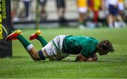 29 June 2022; Reuben Crothers of Ireland scores his side's try during the Six Nations U20 summer series match between Ireland and South Africa at Payanini Centre in Verona, Italy. Photo by Roberto Bregani/Sportsfile