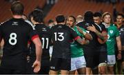 29 June 2022; Bundee Aki of Ireland with Billy Proctor of Maori All Blacks after the match between the Maori All Blacks and Ireland at the FMG Stadium in Hamilton, New Zealand. Photo by Brendan Moran/Sportsfile