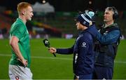 29 June 2022; Ciaran Frawley of Ireland is interviewed by Ryan Bailey of the IRFU after thee match between the Maori All Blacks and Ireland at the FMG Stadium in Hamilton, New Zealand. Photo by Brendan Moran/Sportsfile