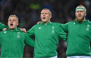 29 June 2022; Ireland players, from left, Craig Casey, Keith Earls and Jeremy Loughman stand for Ireland's Call before the match between the Maori All Blacks and Ireland at the FMG Stadium in Hamilton, New Zealand. Photo by Brendan Moran/Sportsfile