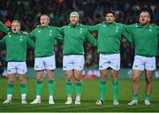 29 June 2022; Ireland players, from left, Craig Casey, Keith Earls, Jeremy Loughman, Dave Heffernan and Finlay Bealham stand for Ireland's Call before the match between the Maori All Blacks and Ireland at the FMG Stadium in Hamilton, New Zealand. Photo by Brendan Moran/Sportsfile