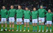 29 June 2022; Ireland players, from left, Nick Timoney, Cian Prendergast, Ciaran Frawley, Jimmy O’Brien, Jordan Larmour, Joe McCarthy and Craig Casey stand for Ireland's Call before the match between the Maori All Blacks and Ireland at the FMG Stadium in Hamilton, New Zealand. Photo by Brendan Moran/Sportsfile