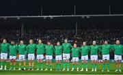 29 June 2022; The Ireland team stand for Ireland's Call before the match between the Maori All Blacks and Ireland at the FMG Stadium in Hamilton, New Zealand. Photo by Brendan Moran/Sportsfile