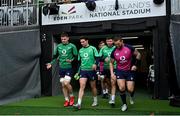 1 July 2022; Ireland players, from left, Nick Timoney, Joey Carbery, Hugo Keenan and Andrew Porter walk out before their captain's run at Eden Park in Auckland, New Zealand. Photo by Brendan Moran/Sportsfile