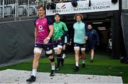 1 July 2022; Ireland players, from left, Josh van der Flier, Joe McCarthy and Cian Prendergast walk out before their captain's run at Eden Park in Auckland, New Zealand. Photo by Brendan Moran/Sportsfile