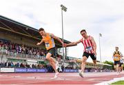 26 June 2022; Mark Milner of UCD AC, Dublin, left, and Harry Purcell of Trim AC, Meath, competing in the men's 800m  during day two of the Irish Life Health National Senior Track and Field Championships 2022 at Morton Stadium in Dublin. Photo by Sam Barnes/Sportsfile