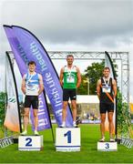 26 June 2022; Men's 400m hurdles medallists, from left, Jack Mitchell of St Laurence O'Toole AC, Carlow, silver, Thomas Barr of Ferrybank AC, Waterford, gold, and Thomas Anthony Pitkin of Clonliffe Harriers AC, Dublin, bronze, during day two of the Irish Life Health National Senior Track and Field Championships 2022 at Morton Stadium in Dublin. Photo by Sam Barnes/Sportsfile