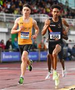 26 June 2022; Darragh McElhinney of UCD AC, Dublin, left, on his way to winning the men's 5000m, ahead of Efrem Gidey of Clonliffe Harriers AC, Dublin, who finished third, during day two of the Irish Life Health National Senior Track and Field Championships 2022 at Morton Stadium in Dublin. Photo by Sam Barnes/Sportsfile