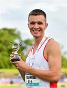 26 June 2022; Christopher O'Donnell of North Sligo AC with the Billy McKee Perpetual Cup after winning the men's 400m during day two of the Irish Life Health National Senior Track and Field Championships 2022 at Morton Stadium in Dublin. Photo by Sam Barnes/Sportsfile