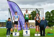 26 June 2022; Athletics Ireland president John Cronin, right, and Athletics Ireland vice president Brid Golden, left, with Men's 400m hurdles medallists, from left, Jack Mitchell of St Laurence O'Toole AC, Carlow, silver, Thomas Barr of Ferrybank AC, Waterford, gold, and Thomas Anthony Pitkin of Clonliffe Harriers AC, Dublin, bronze, during day two of the Irish Life Health National Senior Track and Field Championships 2022 at Morton Stadium in Dublin. Photo by Sam Barnes/Sportsfile