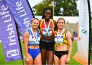 26 June 2022; Women's 100m medallists, from left, Molly Scott of St Laurence O'Toole AC, Carlow, silver, Rhasidat Adeleke of Tallaght AC, Dublin, gold, and Joan Healy of Bandon AC, Cork, bronze, during day two of the Irish Life Health National Senior Track and Field Championships 2022 at Morton Stadium in Dublin. Photo by Sam Barnes/Sportsfile