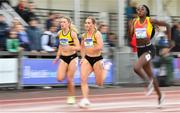 26 June 2022; Joan Healy of Leevale AC, Cork, centre, competing in the women's 100m, alongside Lucy-May Sleeman of Leevale AC, Cork, left, and Rhasidat Adeleke of Tallaght AC, Dublin, right, during day two of the Irish Life Health National Senior Track and Field Championships 2022 at Morton Stadium in Dublin. Photo by Sam Barnes/Sportsfile