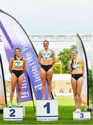 26 June 2022; Women's 400m medallists, from left, Phil Healy of Bandon AC, Cork, silver, Sophie Becker of Raheny Shamrock AC, Dublin, gold, and Cliodhna Manning of Kilkenny City Harriers AC, bronze, during day two of the Irish Life Health National Senior Track and Field Championships 2022 at Morton Stadium in Dublin. Photo by Sam Barnes/Sportsfile