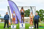 26 June 2022; Athletics Ireland president John Cronin, right, and Athletics Ireland Chair of Competition Andrew Lynam, left, with women's 100m medallists, from left, Molly Scott of St Laurence O'Toole AC, Carlow, silver, Rhasidat Adeleke of Tallaght AC, Dublin, gold, and Joan Healy of Bandon AC, Cork, bronze, during day two of the Irish Life Health National Senior Track and Field Championships 2022 at Morton Stadium in Dublin. Photo by Sam Barnes/Sportsfile