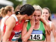 26 June 2022; Carla Sweeney of Rathfarnham WSAF AC, Dublin, right, is congratulated by Niamh Margarete Markham of Ennis Track AC, Clare, after winning the women's 1500m during day two of the Irish Life Health National Senior Track and Field Championships 2022 at Morton Stadium in Dublin. Photo by Sam Barnes/Sportsfile