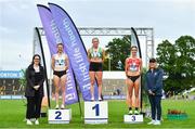 26 June 2022; Athletics Ireland vice president Brid Golden, right, and Wilson Hartnell Account Director Claire Shannon, left, with women's 1500m medallists, from left, Maisy O'sullivan of St Abbans AC, Carlow, silver, Carla Sweeney of Rathfarnham WSAF AC, Dublin, gold, and Niamh Margarete Markham of Ennis Track AC, Clare, bronze, during day two of the Irish Life Health National Senior Track and Field Championships 2022 at Morton Stadium in Dublin. Photo by Sam Barnes/Sportsfile