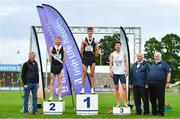 26 June 2022; Athletics Ireland president John Cronin, far right, Athletics Ireland competition committee member Paddy Marley, second from right, and Olympian Eamonn Coghlan, left, with men's 1500m medallists, from left, Shane Bracken of Swinford AC, Mayo, silver, Cathal Doyle of Clonliffe Harriers AC, Dublin, gold, and Paul Robinson of St Coca's AC, Kildare, bronze, during day two of the Irish Life Health National Senior Track and Field Championships 2022 at Morton Stadium in Dublin. Photo by Sam Barnes/Sportsfile