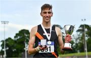 26 June 2022; Cathal Doyle of Clonliffe Harriers AC, Dublin, with his cup and medal after winning the men's 1500m during day two of the Irish Life Health National Senior Track and Field Championships 2022 at Morton Stadium in Dublin. Photo by Sam Barnes/Sportsfile