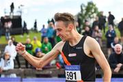 26 June 2022; Cathal Doyle of Clonliffe Harriers AC, Dublin, celebrates after winning the men's 1500m  during day two of the Irish Life Health National Senior Track and Field Championships 2022 at Morton Stadium in Dublin. Photo by Sam Barnes/Sportsfile