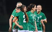 27 June 2022; Abbie Larkin is congratulated by her Republic of Ireland team-mate Jess Ziu, 2, after scoring their eight goal during the FIFA Women's World Cup 2023 Qualifier match between Georgia and Republic of Ireland at Tengiz Burjanadze Stadium in Gori, Georgia. Photo by Stephen McCarthy/Sportsfile