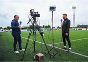 1 July 2022; UCD coach Ger Barron speaks to LOI TV presenter Adrian Taaffe before the SSE Airtricity League Premier Division match between Dundalk and UCD at Oriel Park in Dundalk, Louth. Photo by Harry Murphy/Sportsfile