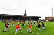 1 July 2022; Derry City players warm up before the SSE Airtricity League Premier Division match between Bohemians and Derry City at Dalymount Park in Dublin. Photo by Sam Barnes/Sportsfile