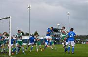 1 July 2022; Filip Mihaljevic of Finn Harps heads clear from a corner kick during the SSE Airtricity League Premier Division match between Finn Harps and Shamrock Rovers at Finn Park in Ballybofey, Donegal. Photo by Ramsey Cardy/Sportsfile