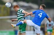 1 July 2022; Rory Gaffney of Shamrock Rovers in action against Rob Slevin of Finn Harps during the SSE Airtricity League Premier Division match between Finn Harps and Shamrock Rovers at Finn Park in Ballybofey, Donegal. Photo by Ramsey Cardy/Sportsfile