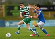 1 July 2022; Gary O'Neill of Shamrock Rovers in action against Filip Mihaljevic of Finn Harps during the SSE Airtricity League Premier Division match between Finn Harps and Shamrock Rovers at Finn Park in Ballybofey, Donegal. Photo by Ramsey Cardy/Sportsfile