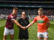 26 June 2022; Referee David Coldrick with the Galway captain, Seán Kelly, left, and the Armagh captain, Aidan Nugent, before the GAA Football All-Ireland Senior Championship Quarter-Final match between Armagh and Galway at Croke Park, Dublin. Photo by Ray McManus/Sportsfile