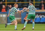 1 July 2022; Rory Gaffney of Shamrock Rovers celebrates with Chris McCann, right, after scoring their side's first goal during the SSE Airtricity League Premier Division match between Finn Harps and Shamrock Rovers at Finn Park in Ballybofey, Donegal. Photo by Ramsey Cardy/Sportsfile