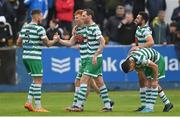 1 July 2022; Rory Gaffney of Shamrock Rovers, second left, celebrates with teammates after scoring their side's first goal during the SSE Airtricity League Premier Division match between Finn Harps and Shamrock Rovers at Finn Park in Ballybofey, Donegal. Photo by Ramsey Cardy/Sportsfile