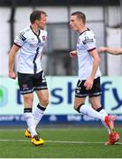1 July 2022; David McMillan of Dundalk celebrates with teammate Daniel Kelly after scoring their side's first goal during the SSE Airtricity League Premier Division match between Dundalk and UCD at Oriel Park in Dundalk, Louth. Photo by Harry Murphy/Sportsfile