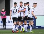 1 July 2022; David McMillan of Dundalk, second left, celebrates with teammates after scoring their side's first goal during the SSE Airtricity League Premier Division match between Dundalk and UCD at Oriel Park in Dundalk, Louth. Photo by Harry Murphy/Sportsfile