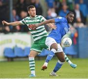 1 July 2022; Aaron Greene of Shamrock Rovers in action against Elie-Gael N'Zeyi of Finn Harps during the SSE Airtricity League Premier Division match between Finn Harps and Shamrock Rovers at Finn Park in Ballybofey, Donegal. Photo by Ramsey Cardy/Sportsfile