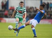1 July 2022; Gary O'Neill of Shamrock Rovers in action against Bastien Hery of Finn Harps during the SSE Airtricity League Premier Division match between Finn Harps and Shamrock Rovers at Finn Park in Ballybofey, Donegal. Photo by Ramsey Cardy/Sportsfile