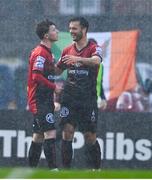 1 July 2022; Ali Coote of Bohemians, left,  celebrates with team-mate Jordan Doherty after scoring his side's first goal during the SSE Airtricity League Premier Division match between Bohemians and Derry City at Dalymount Park in Dublin. Photo by Sam Barnes/Sportsfile