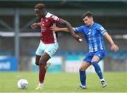 1 July 2022; Harlain Mbayo of Cobh Ramblers in action against Conor Drinan of Cobh Ramblers during the SSE Airtricity League First Division match between Cobh Ramblers and Treaty United at St Colman's Park in Cobh, Cork. Photo by Michael P Ryan/Sportsfile