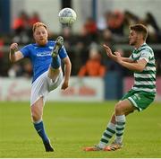 1 July 2022; Ryan Connolly of Finn Harps in action against Dylan Watts of Shamrock Rovers during the SSE Airtricity League Premier Division match between Finn Harps and Shamrock Rovers at Finn Park in Ballybofey, Donegal. Photo by Ramsey Cardy/Sportsfile
