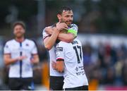 1 July 2022; Keith Ward of Dundalk, right, celebrates with teammate Andy Boyle after scoring their side's third goal during the SSE Airtricity League Premier Division match between Dundalk and UCD at Oriel Park in Dundalk, Louth. Photo by Harry Murphy/Sportsfile
